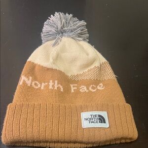 The North Face Tan and Cream Beanie with Pom-Pom
